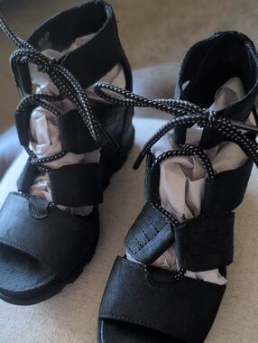 Sorel Black Strappy Lace-Up Wedge Sandals